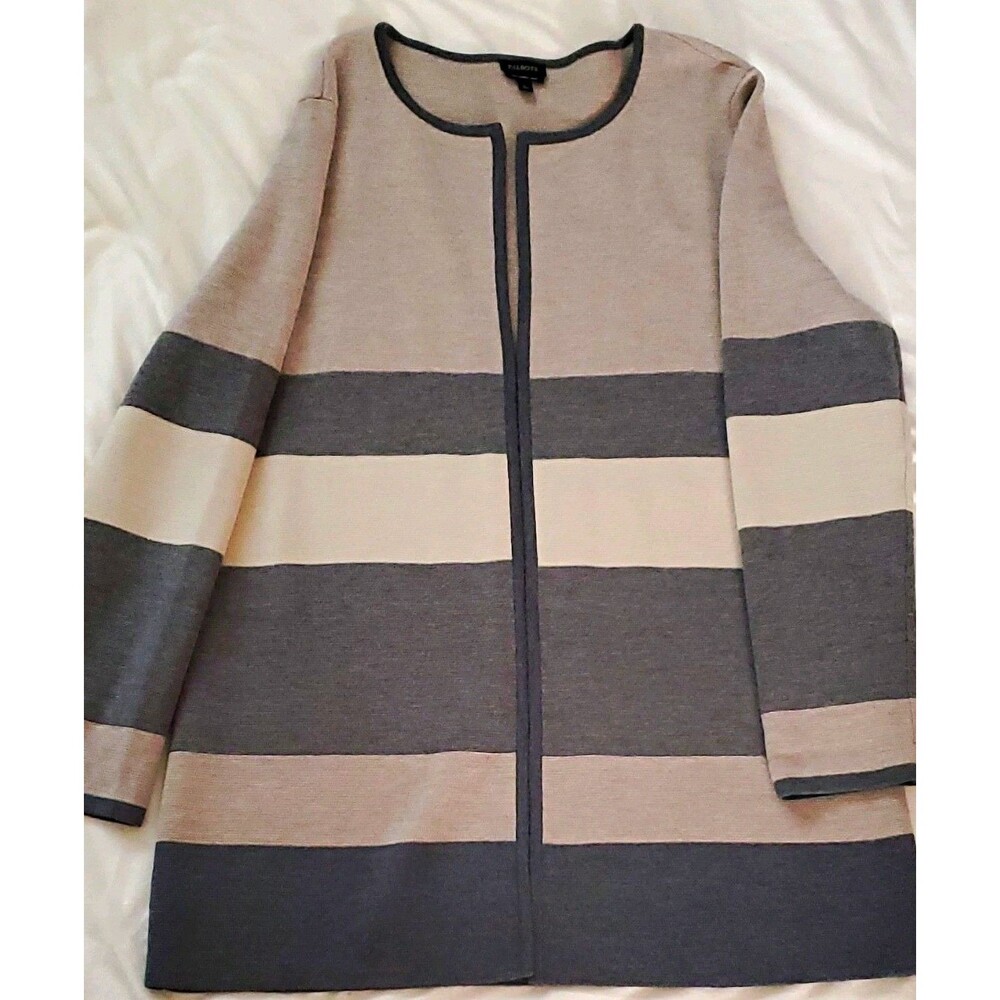 Talbots Women's Gray Beige Striped Merino Wool Cardigan Round Neck Long Sleeve L